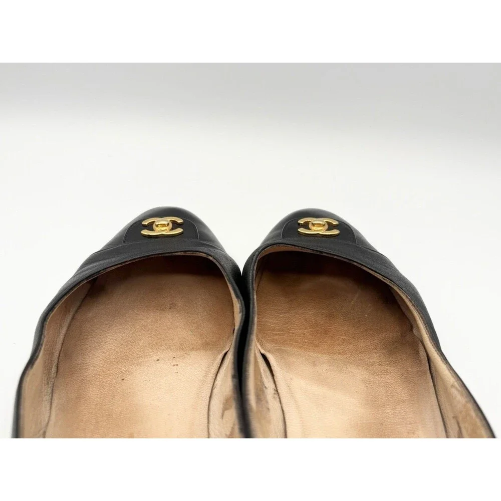 Chanel Black Leather Ballet Flats Gold CC Turnlock Size EU 37